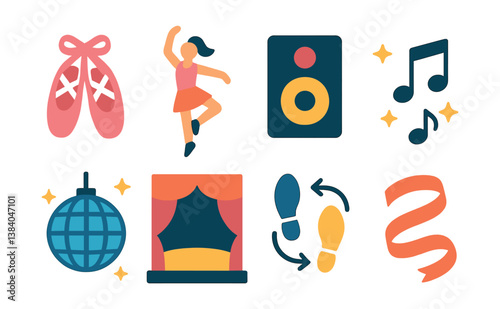 Dance essentials. colorful icons featuring ballet, music notes, and disco elements. Vector icons