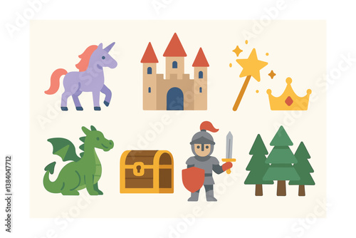 Magical adventure. icons of unicorn, castle, wand, crown, dragon, treasure, knight, trees.. Vector icons