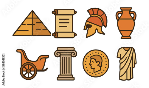 Collection of icons depicting ancient roman and greek civilization. Vector icons