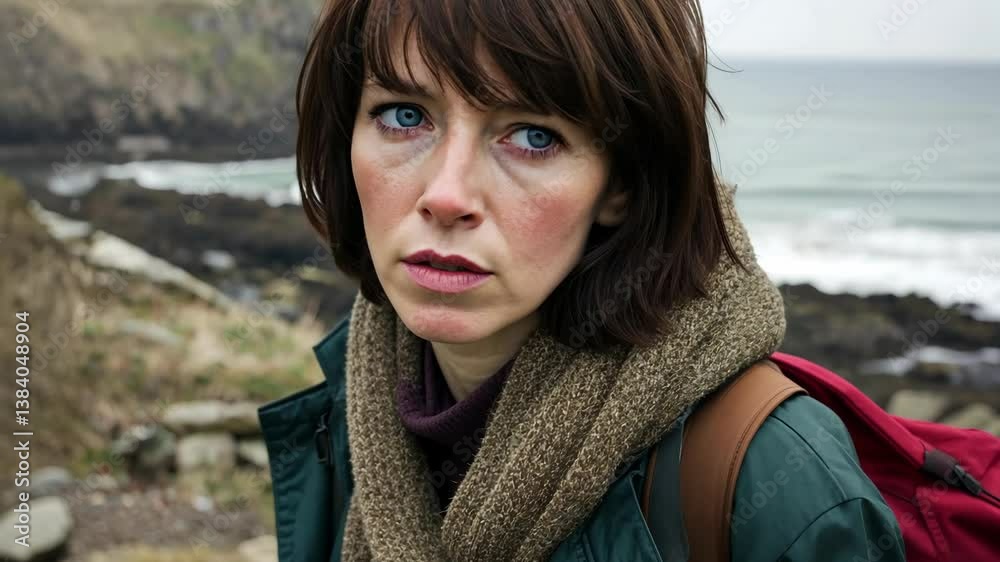 Woman with intense gaze stands near rocky coast on a cloudy day, reflecting deep emotions and thoughts about her surroundings