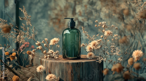 A green glass bottle is placed on a wooden stump, surrounded by a variety of dried flowers. The rustic indoor location enhances the organic feel of the arrangement