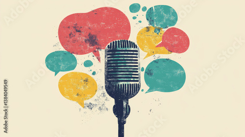 Trendy Halftone Collage Online Broadcasting concept. Audio recording of interview. Microphone with speech bubble messages. Talking in podcast. Streaming service. Contemporary vector art