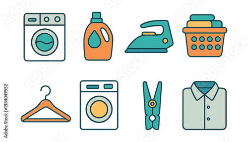 Laundry essentials. icons of washing machine, detergent, iron, clothes basket, and more. Vector icons