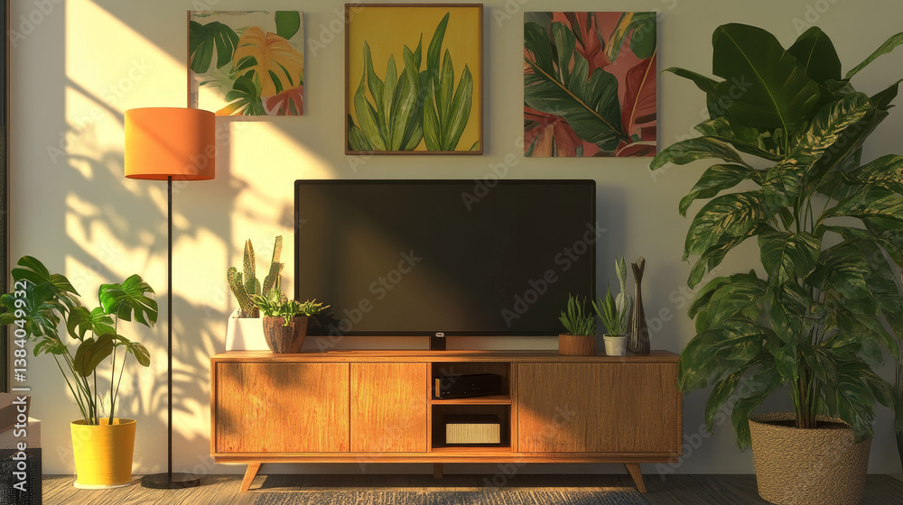 Fototapeta premium Tv cabinet in modern empty room and lamp,plants,Decoration on back dark wall background, 3d rendering.