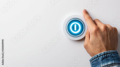 A hand is reaching out to press a circular power button on a plain wall. The button features an illuminated blue circle, signaling that it is ready for activation