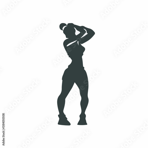 Female silhouette stretches arms in studio workout fitness