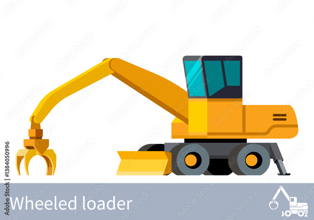 Minimalistic icon log loader. Wheeled log loader vehicle for worknig at forest area for sorting and loading wood pile. Modern vector isolated illustration Minimalistic icon log loader. Wheeled log loader vehicle for worknig at forest area for sorting and loading wood pile. Modern vector isolated illustration
