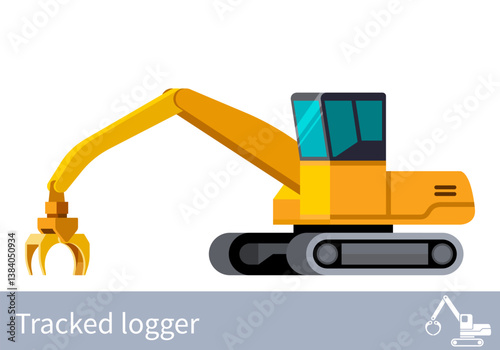 Minimalistic icon log loader. Tracked log loader vehicle for worknig at forest area for sorting and loading wood pile. Modern vector isolated illustration