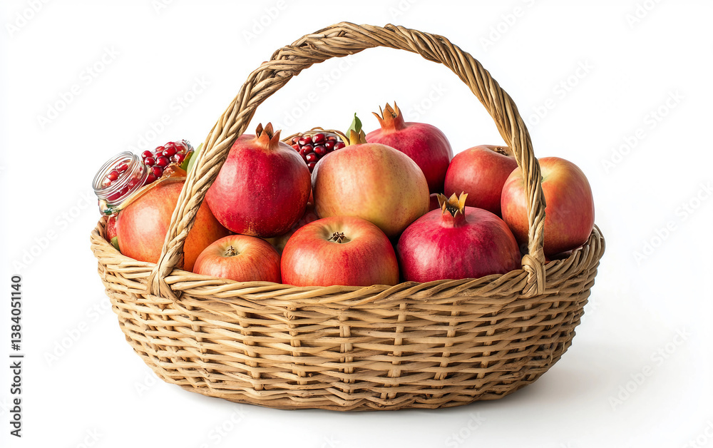 A Basket Filled with Apples Pomegranates and Honey Isolated On White Background. A Basket Filled with Apples Pomegranates and Honey Isolated On White Background.