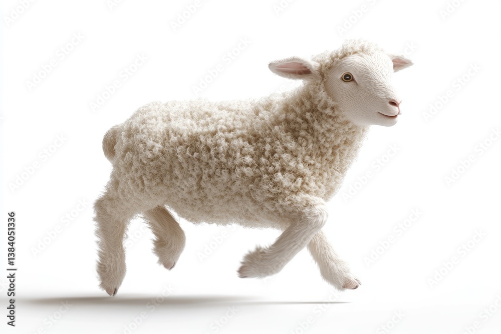 Fototapeta premium A fluffy white lamb leaps joyfully against a stark white background.