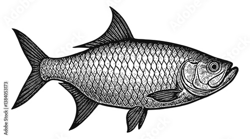Detailed Black and White Engraving of a Tarpon Fish with Scales, Fins, and Anatomical Details
