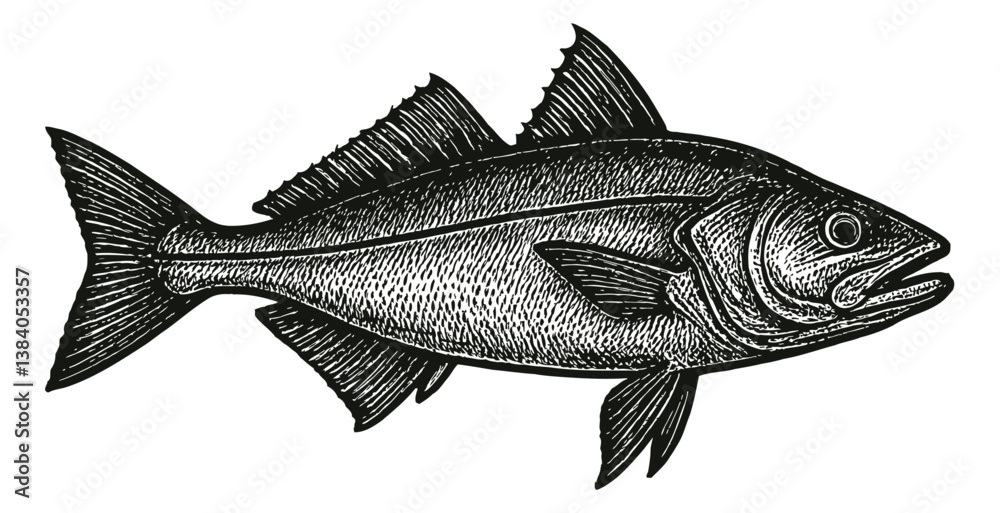 sable Fish Illustration in Black and White Engraving Style with Detailed Fin and Scale Texture on Isolated White Background