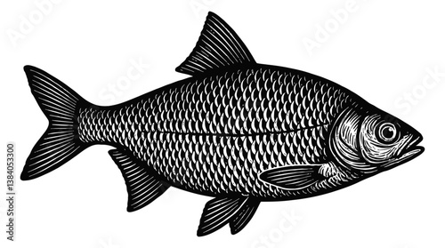 Detailed Engraving of roach Fish in Black and White Isolated on White Background