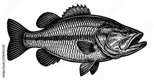 Detailed Engraved Illustration of a large mouth bass Fish Side View with Scales Black and White