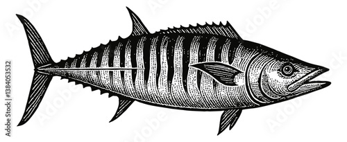 Detailed Engraved Illustration of a wahoo Mackerel Tuna with Visible Stripes and Sharp Fins in Black and White