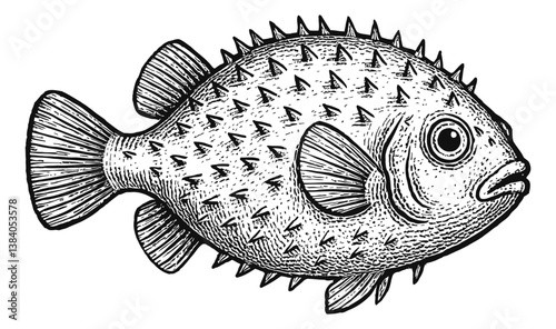 Illustration of a Spiky Pufferfish in Black and White Engraving Style with Detailed Lines
