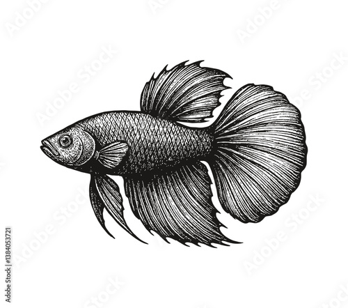 Detailed Black and White Drawing of Betta Fish with Flowing Fins and Scales Engraved Style Isolated