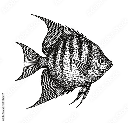 Detailed Hand Drawn Illustration of Striped Fish with Fin in Black and White Isolated