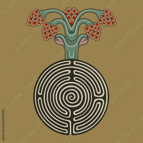 Blooming tree with fruit branches sprouting from a round spiral maze or labyrinth symbol.