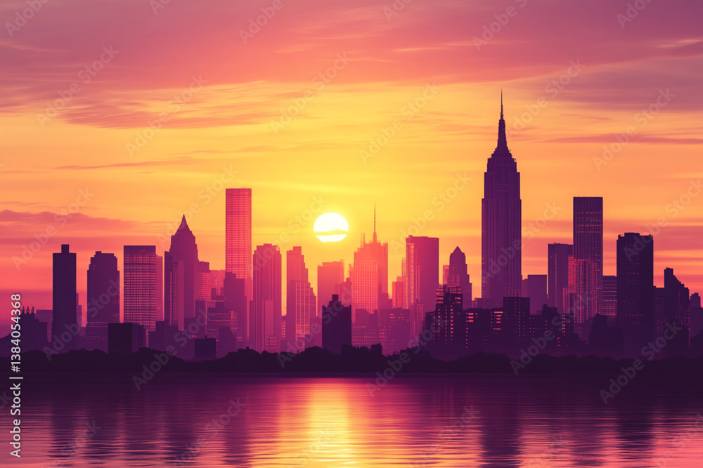Fototapeta premium Silhouette of a city skyline at sunset