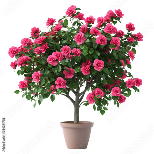 A 3D Vibrant Potted Rose Bush with Rich Pink Blossom Isolated on Transparent Background