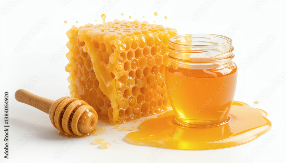 honey in a glass jar with honeycomb and a wooden dipper honey in a glass jar with honeycomb and a wooden dipper