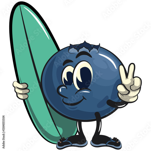 Cute blueberry fruit vektor illustration mascot character with surfboard and gave a peace sign, work of hand drawn