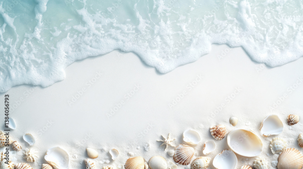A variety of seashells scattered on a soft sandy beach as gentle waves roll in. The sun shines brightly, creating a serene atmosphere perfect for relaxation A variety of seashells scattered on a soft sandy beach as gentle waves roll in. The sun shines brightly, creating a serene atmosphere perfect for relaxation