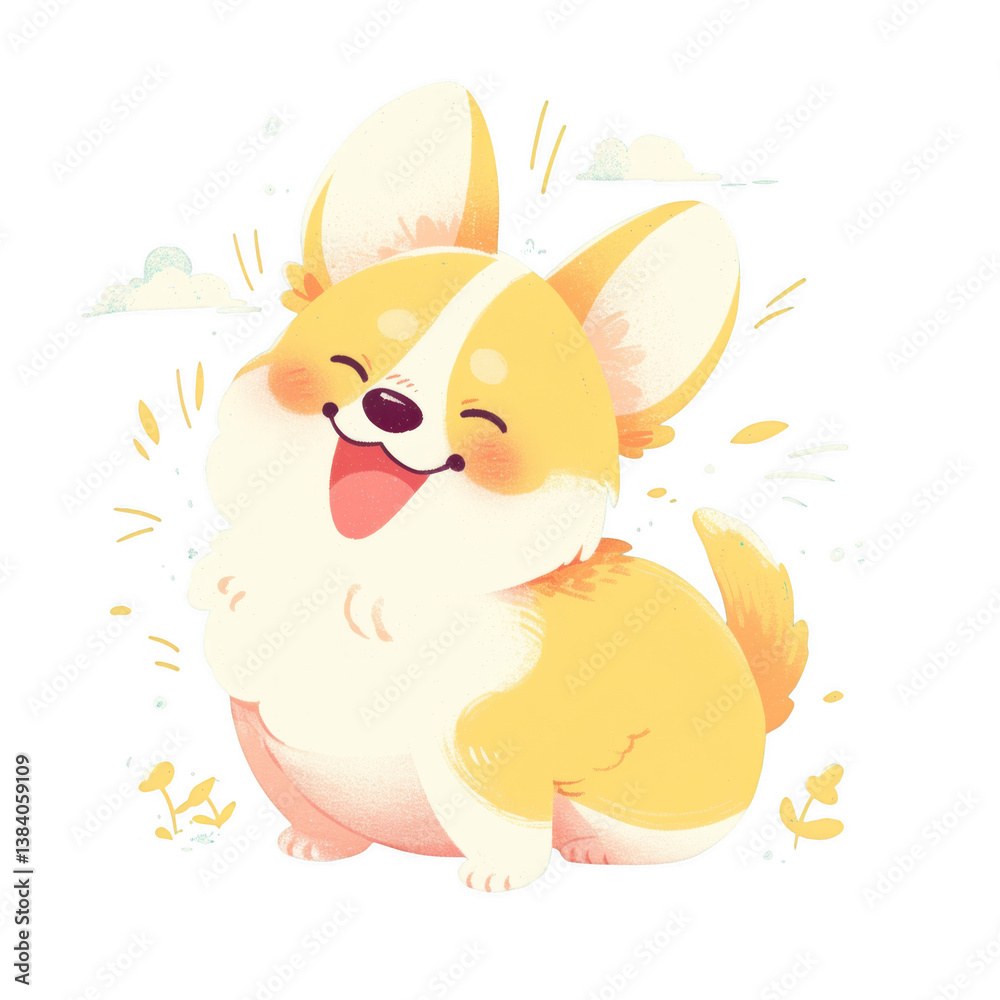 Obraz premium Joyful corgi with wagging tail pastel color palette digital artwork cheerful environment playful concept