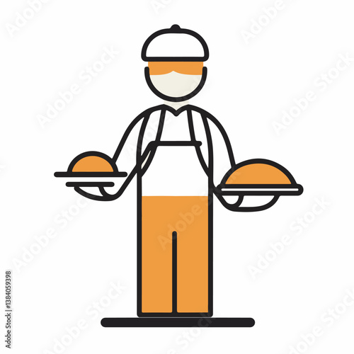 Stylized worker serves dishes in a minimal design kitchen setup