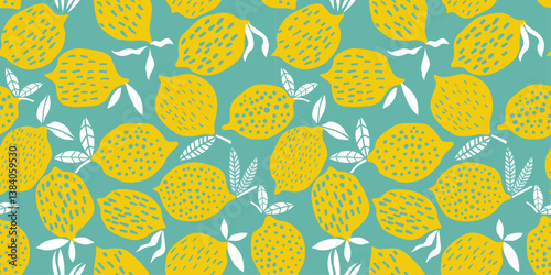 Lemons are stylized with various textures, including dots, dashes, and lines, adding visual interest. Each lemon is accompanied by white leaves, creating a sense of freshness and summery vibes.