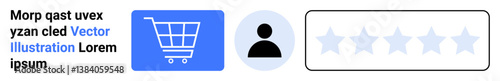 Blue shopping cart, user profile, 5-star rating elements combine for usability, navigation, or feedback. Ideal for e-commerce, profile systems, ratings, reviews UXUI apps simple landing page