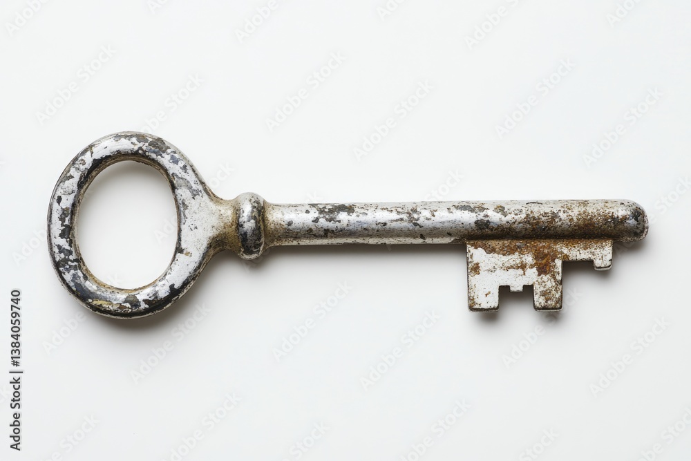 An antique, rusty key with a worn metallic finish, showing age and use. An antique, rusty key with a worn metallic finish, showing age and use.
