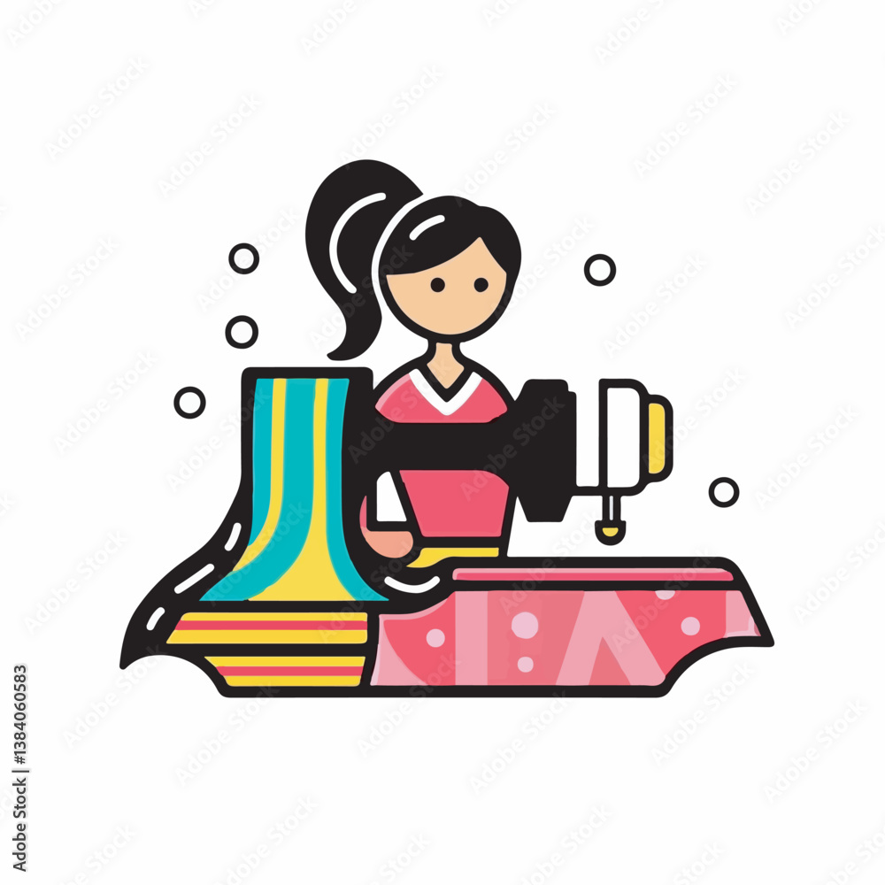 Female tailor sews fabric using machine in studio craft session Female tailor sews fabric using machine in studio craft session