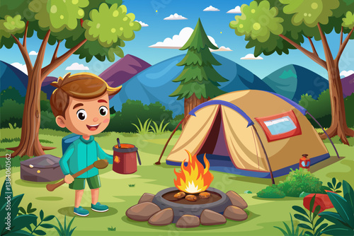 vector of Boy setting up the tent at campsite