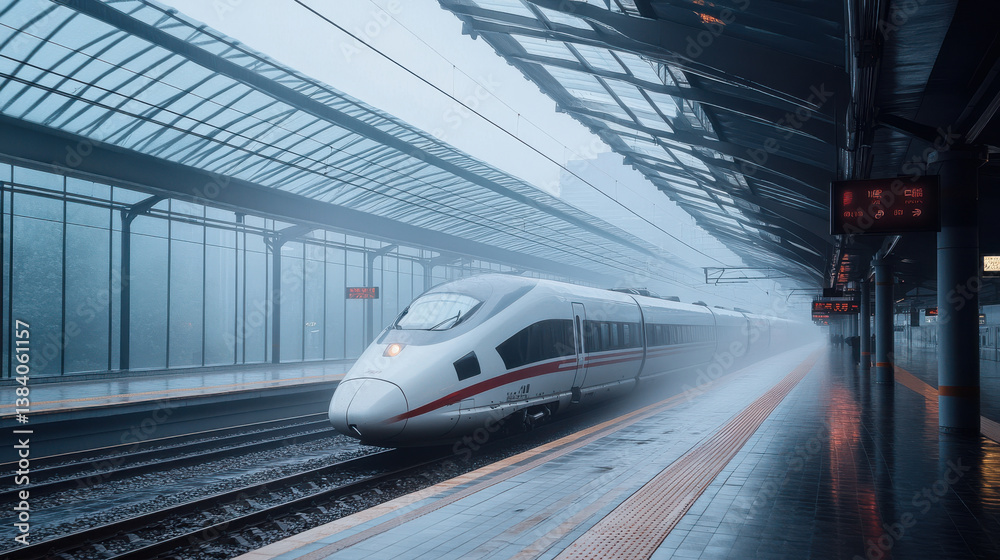 Fototapeta premium A sleek high-speed train pulls into a foggy station under a glass canopy in the early morning, surrounded by mist and soft lighting, creating an atmospheric travel moment