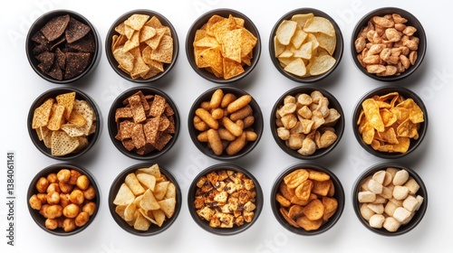 Assorted savory snacks in small bowls on white background.