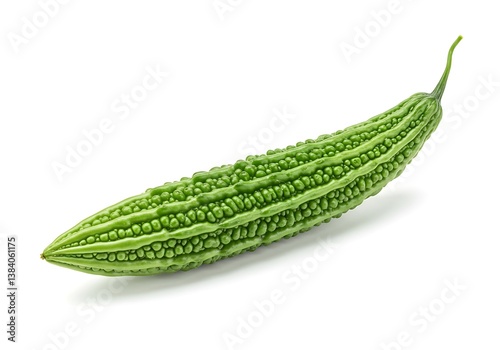 A single green bitter melon or bitter gourd isolated on a plain white background