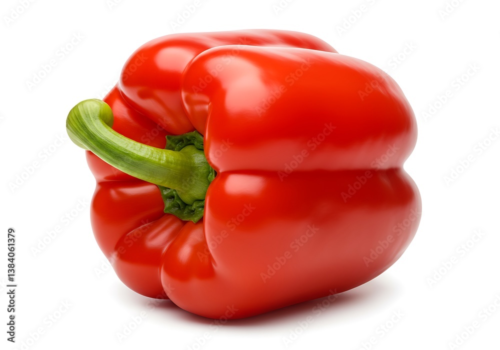 A single red bell pepper with a green stem isolated on a white background view A single red bell pepper with a green stem isolated on a white background view