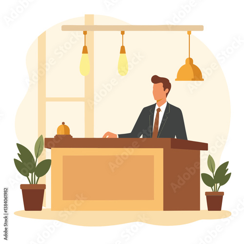 Hotel receptionist assisting guests at a modern reception desk, hospitality