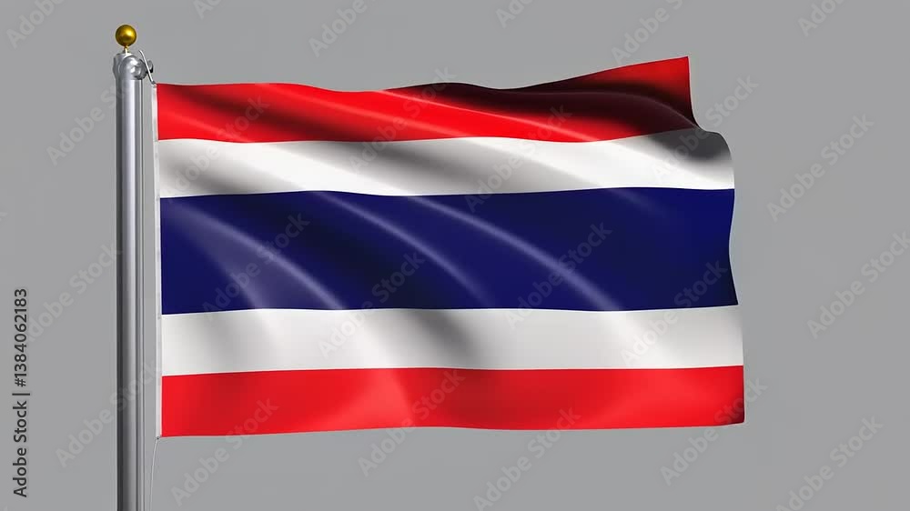 Vibrant Thai flag waving gracefully against a neutral background, symbolizing national pride and identity Vibrant Thai flag waving gracefully against a neutral background, symbolizing national pride and identity