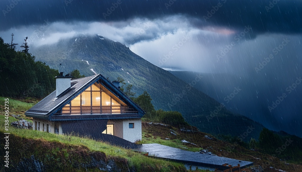 Fototapeta premium 大雨が屋根を打ち、雷が遠くで唸る山の中腹。孤独な一軒家の灯りが濡れた山道をほんのり照らし、静かに息づく暮らしの気配を雨の音に乗せて届けている。