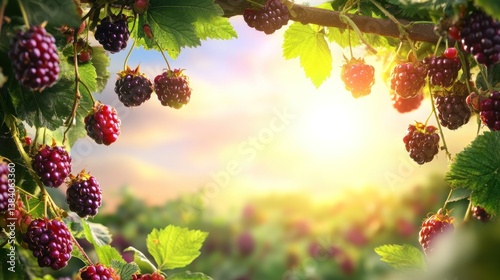 Ripe blackberries on branch, sunset background.
