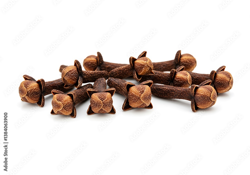A pile of brown cloves arranged on a white background view A pile of brown cloves arranged on a white background view