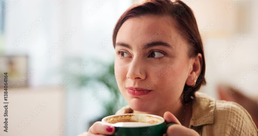 Sofa, woman and relax with coffee to drink, comfortable and happiness with espresso at home. House, female person and chilling in morning for warm cappuccino, caffeine and thinking in living room Sofa, woman and relax with coffee to drink, comfortable and happiness with espresso at home. House, female person and chilling in morning for warm cappuccino, caffeine and thinking in living room
