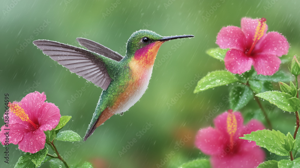 Fototapeta premium Hummingbird hovering in rain near pink hibiscus flowers with water droplets on petals