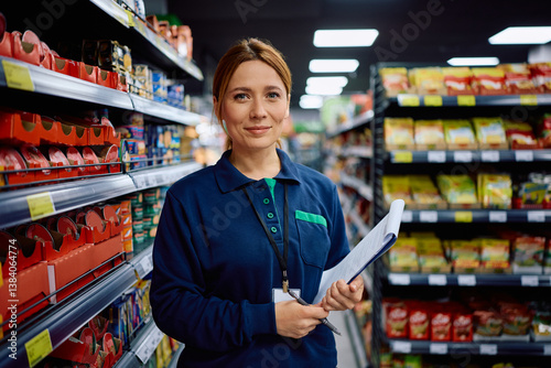 Cuadro en lienzo Smiling supermarket manager standing at produce aisle and looking at camera