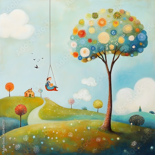 Illustration of a tree and houses. Naive art. Spring landscape with a tree and a girl on a swing. 