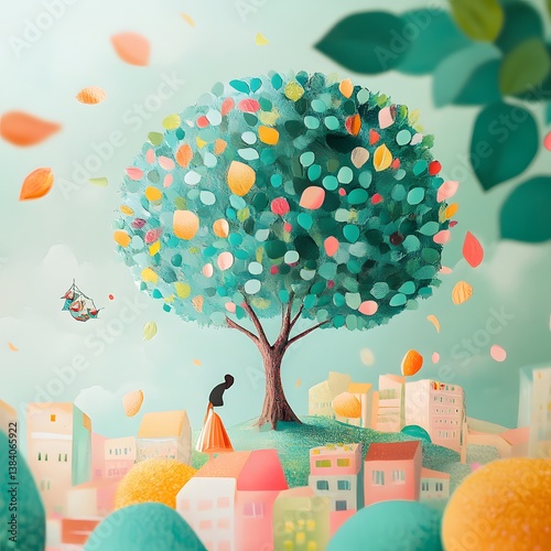 Illustration of a tree and houses. Naive art. Easter tree with colorful eggs on the sky background. 