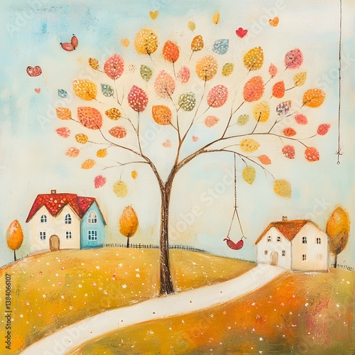 Illustration of a tree and houses. Naive art. Painting of an autumn landscape with colorful trees, houses and birds